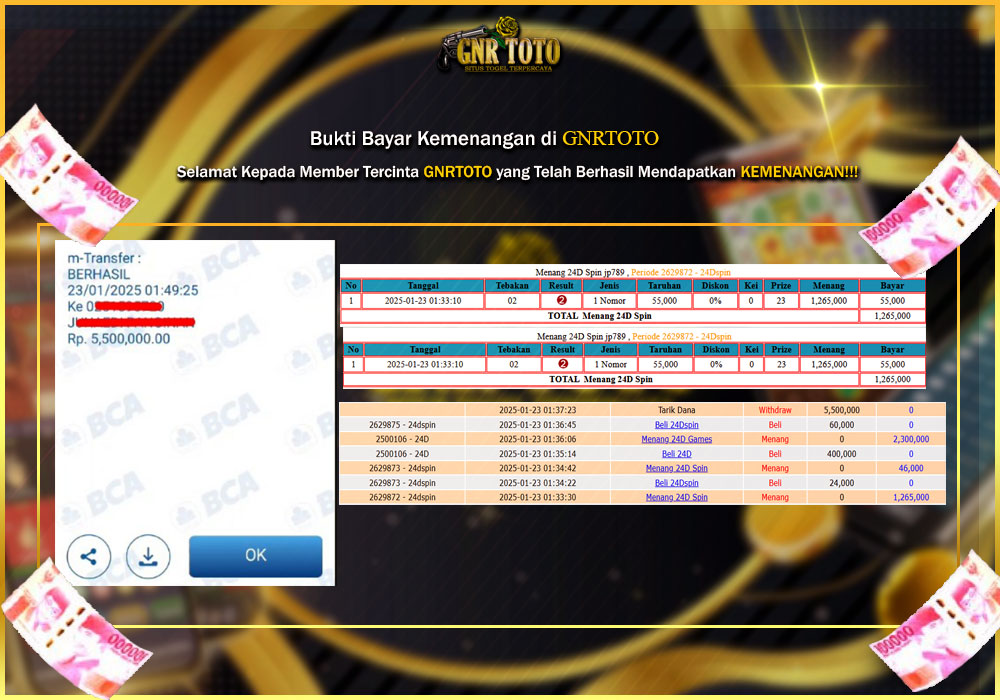 BUKTI KEMENANGAN MEMBER GNRTOTO Live Casino Pada 24D SPIN